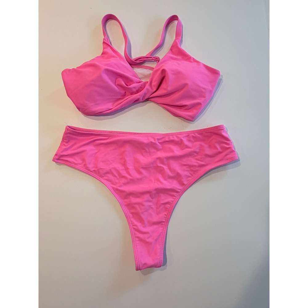 Hot Pink Twist Front Bikini Set High Waisted Thong Bottoms Neon XL